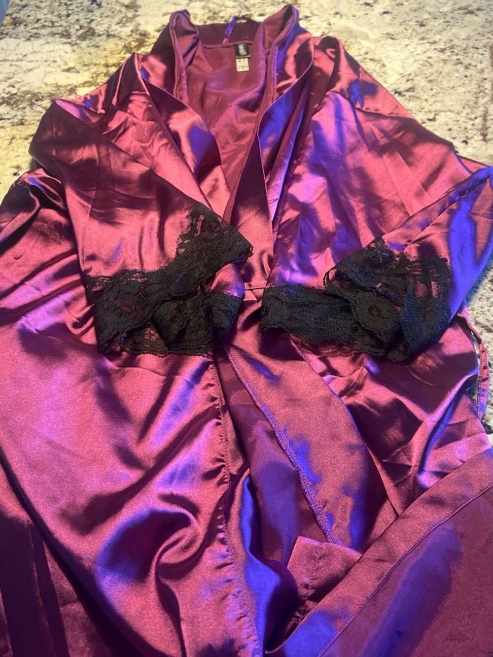 Frederick's of Hollywood Plum Satin Robe with Black Lace Trim